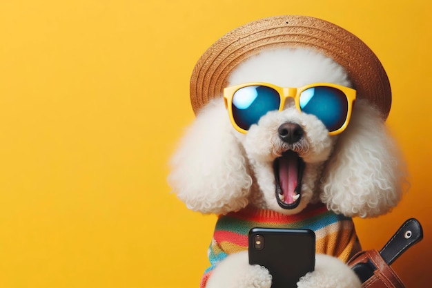 Perro caniche con gafas de sol con teléfono inteligente en el fondo de color