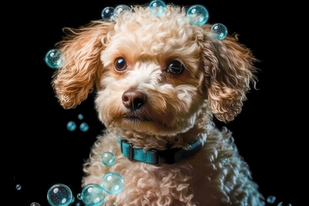 Foto perro caniche lindo rodeado de burbujas de jabón pancarta cartelera generativa de ia