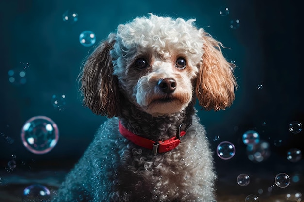 Perro caniche lindo rodeado de burbujas de jabón pancarta cartelera generativa de IA