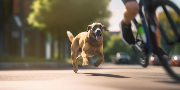 Perro canino Joyride corriendo junto al propietario en el carril bici en la ciudad