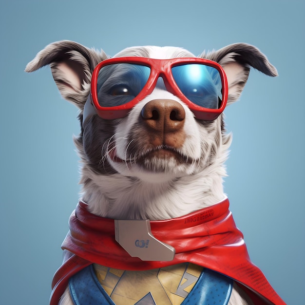 Un perro con capa y gafas de sol que dice superhéroe.