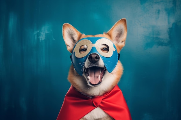 Foto perro con capa y máscara de superhéroe roja ia generativa