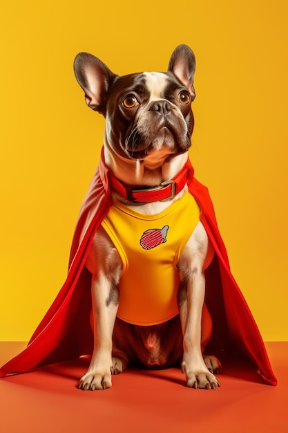 Perro con capa roja y camiseta amarilla con perrito caliente IA generativa