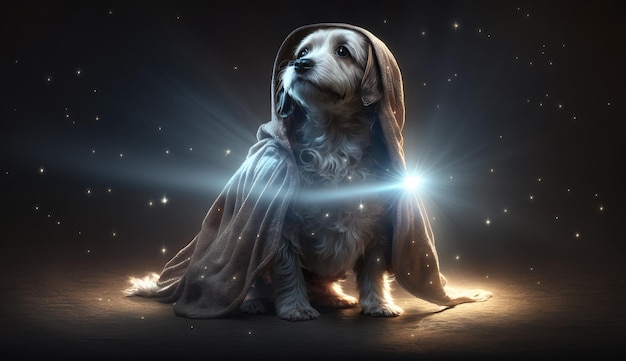 Un perro con una capa de Star Wars y una sudadera con capucha.