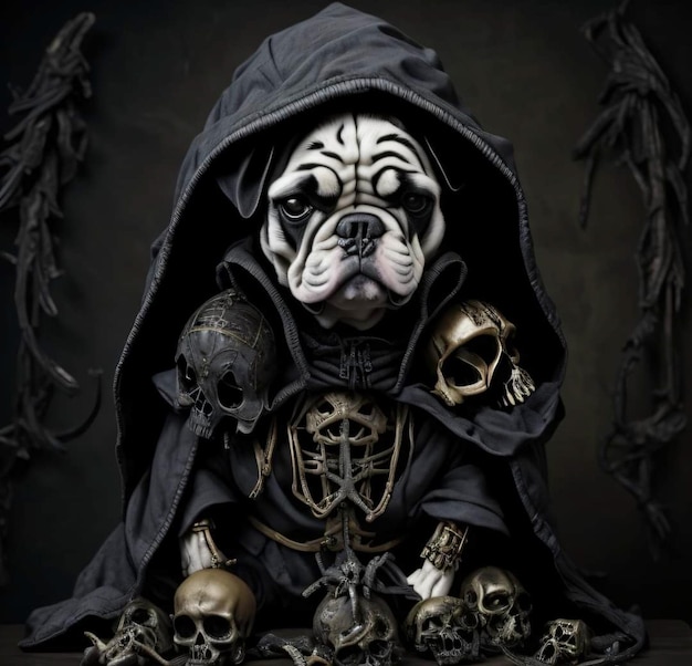 Un perro con capucha y calavera.