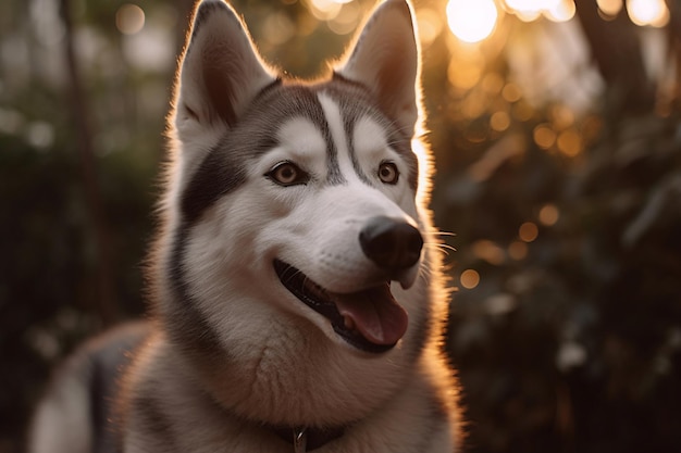 Un perro con cara blanca y ojos negros se sienta en un parque.