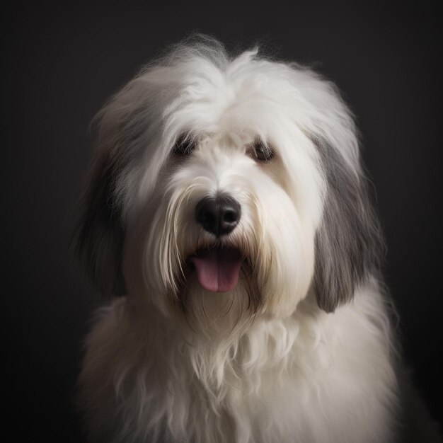 Un perro con la cara en blanco y negro está sentado frente a un fondo oscuro.