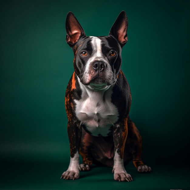 Un perro con la cara en blanco y negro se sienta frente a un fondo verde.