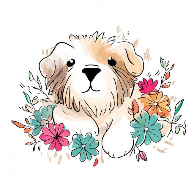 Un perro con cara florida está rodeado de flores.