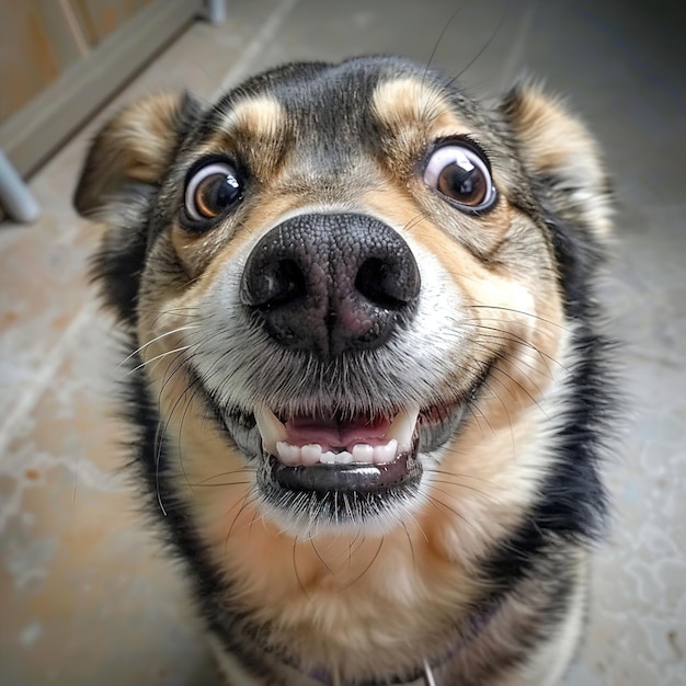 un perro con una cara graciosa y una expresión feliz