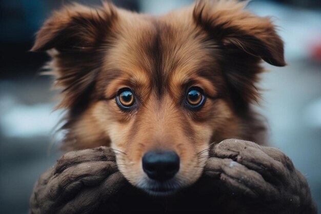 Foto un perro con una cara marrón y un abrigo de pelaje marrón