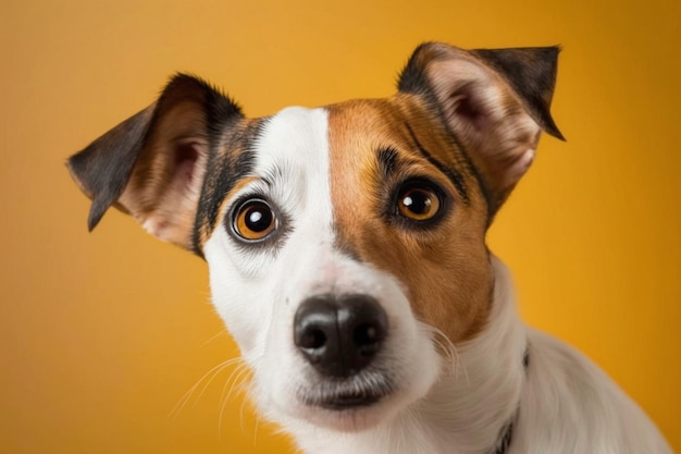 Un perro con una cara marrón y blanca y ojos negros.