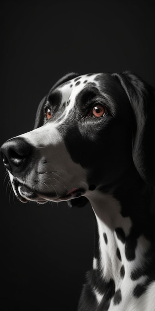 Un perro con la cara negra y manchas blancas.