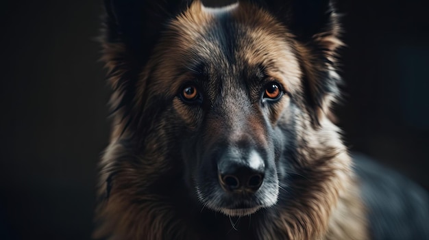 Un perro con cara negra y ojos marrones está mirando a la cámara.