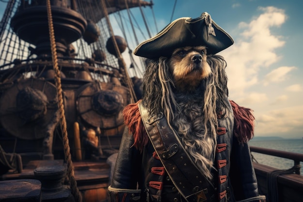 Un perro carismático con traje de pirata posa para la cámara a bordo