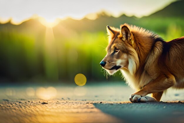 Foto un perro en una carretera con el sol detrás de él