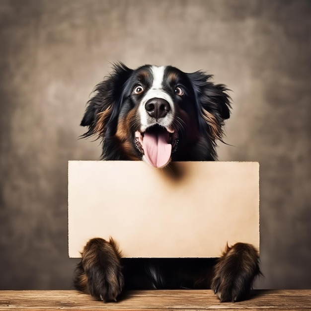 Foto perro con un cartel de cartón en blanco