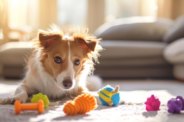 Perro en casa en la sala de estar jugando con sus juguetes IA generativa