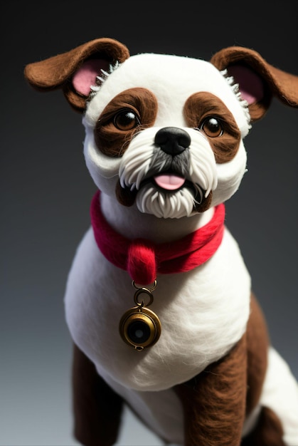 Un perro con un cascabel en el cuello modelado con arcilla y fieltro