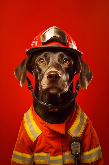 Perro con casco de bombero y gafas sobre fondo rojo IA generativa