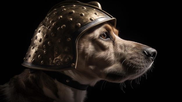 Un perro con un casco con la palabra perro en él