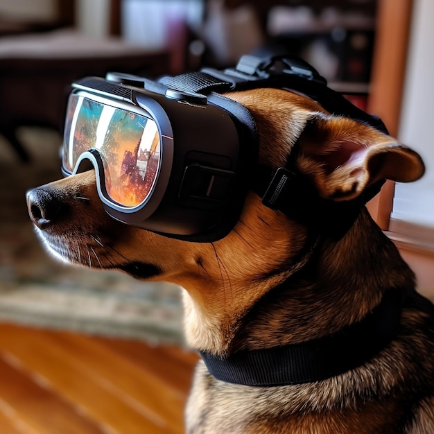 Perro con casco de realidad virtual observando la IA generativa del metaverso