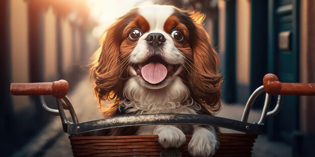 El perro Cavalier King Charles Spaniel se divierte en bicicleta el día del sol por la mañana en verano en la calle de la ciudad