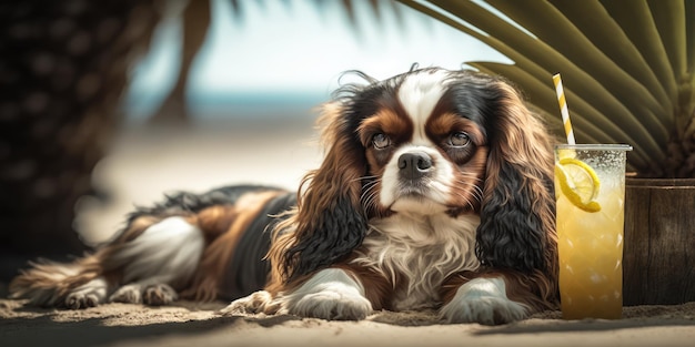 El perro Cavalier King Charles Spaniel está de vacaciones de verano en un balneario y descansa relajante en la playa de verano de Hawai