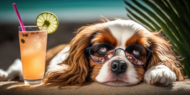 El perro Cavalier King Charles Spaniel está de vacaciones de verano en un balneario y descansa relajante en la playa de verano de Hawai