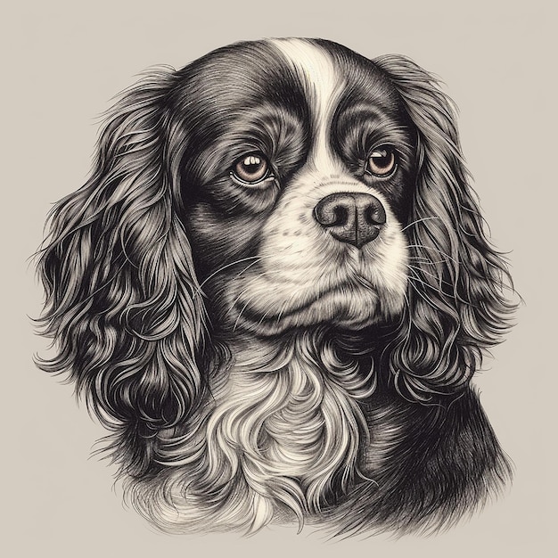 El perro Cavalier King Charles Spaniel estilo grabado retrato en primer plano dibujo en blanco y negro