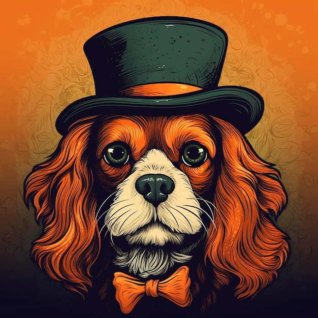 El perro Cavalier King Charles Spaniel con sombrero negro es un primer plano de estilo vintage retro.