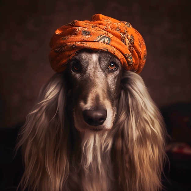 Perro de caza afgano con un pañuelo nacional turbante retrato en primer plano de una mascota linda y divertida