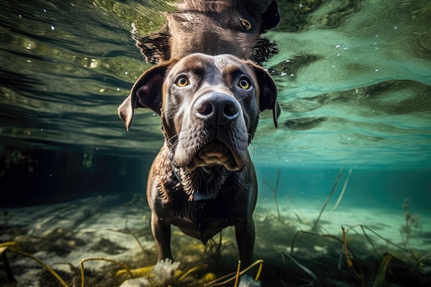 Perro de caza nadando bajo el agua en el lago IA generativa