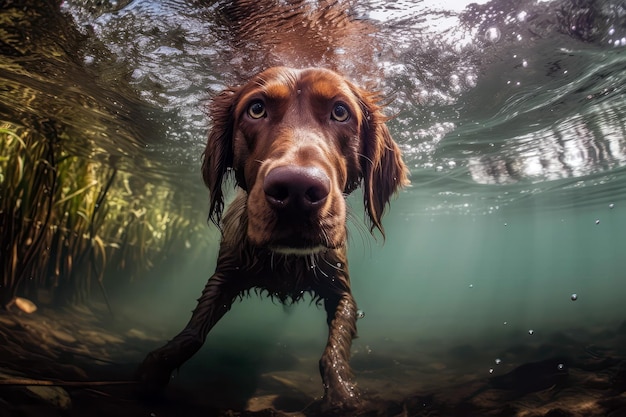 Perro de caza nadando bajo el agua en el lago IA generativa