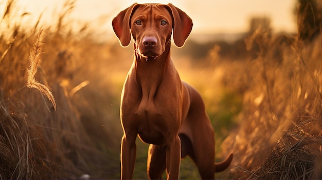 Perro cazador de Vizsla en el campo de otoño