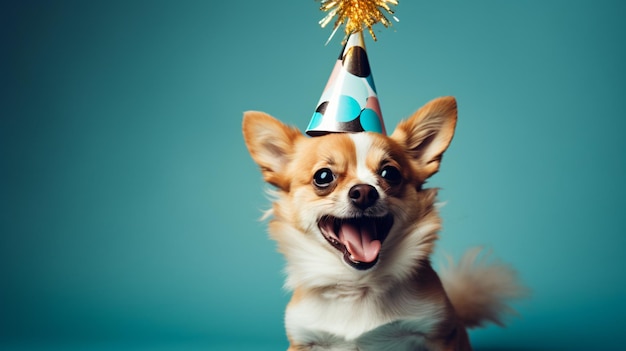 Perro celebrando con gorro de fiesta