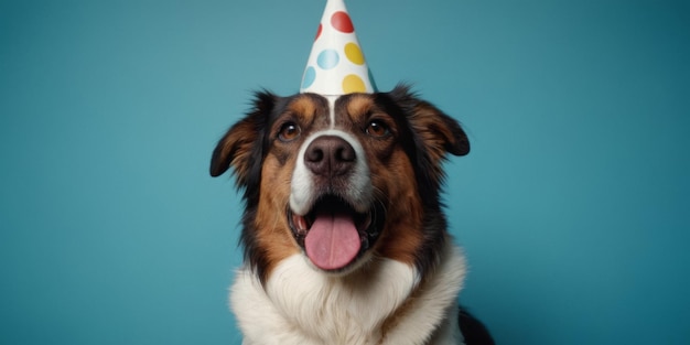 Un perro celebrando su cumpleaños con un sombrero de fiesta con un fondo azul
