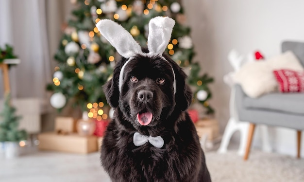 Perro cerca del árbol de Navidad en casa