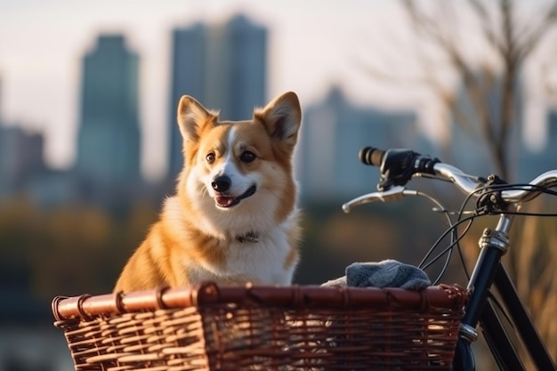 Un perro en una cesta de bicicleta con una ciudad al fondo.