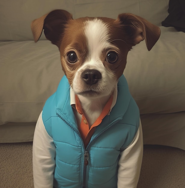 Un perro con un chaleco azul.