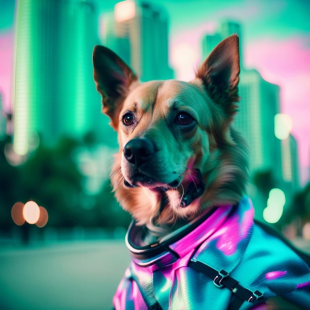 Un perro con una chaqueta azul con un diseño rosa y púrpura.
