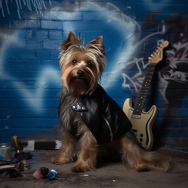 Un perro con una chaqueta de cuero y una chaqueta de cuero negra se sienta frente a una guitarra.