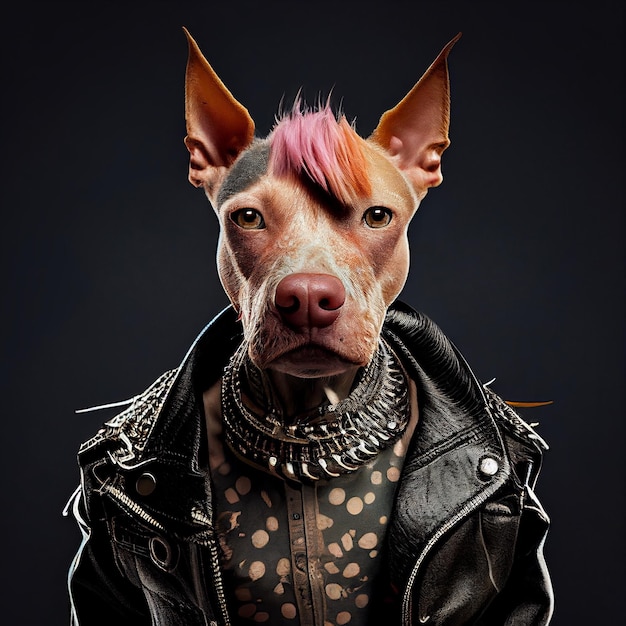 Un perro con una chaqueta de cuero con un mohawk.