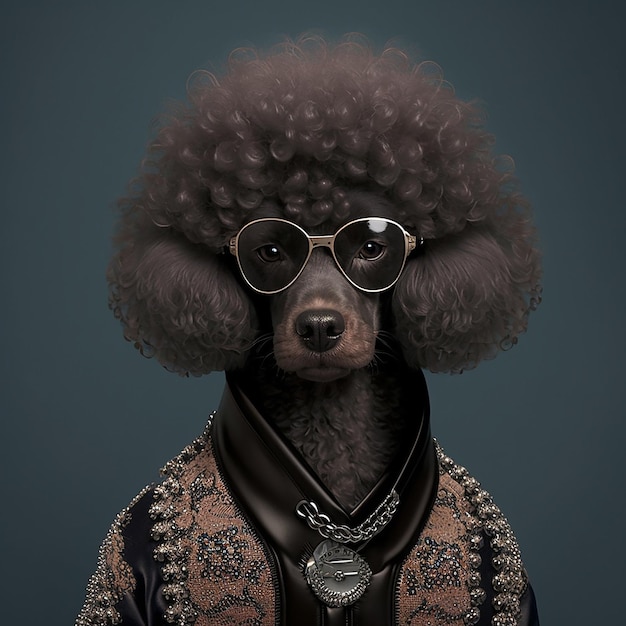 Un perro con chaqueta y gafas lleva un collar y un collar.