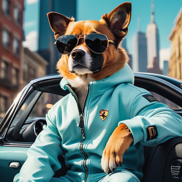 Un perro con una chaqueta y gafas de sol en los ojos y el fondo del coche