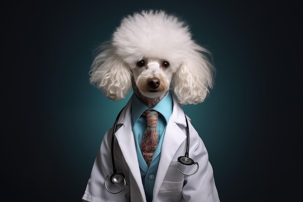 Foto perro de charco blanco en el traje de médico en el fondo azul del estudio