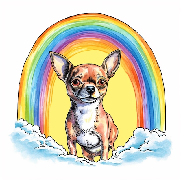 Perro chihuahua arafado con gafas de pie frente a un arco iris generativo ai