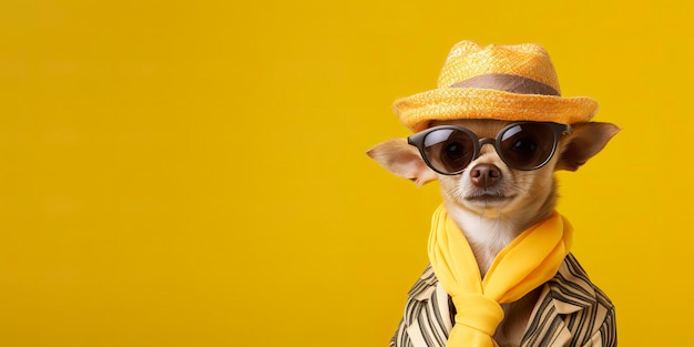 Perro Chihuahua de aspecto fresco con un vestido de moda funky espacio para el texto a la derecha