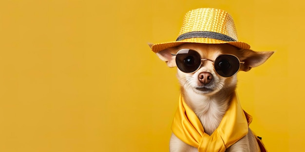 Perro chihuahua de aspecto genial con vestido de moda funky espacio para texto lado derecho IA generativa