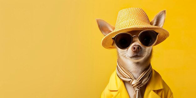 Perro chihuahua de aspecto genial con vestido de moda funky espacio para texto lado derecho IA generativa